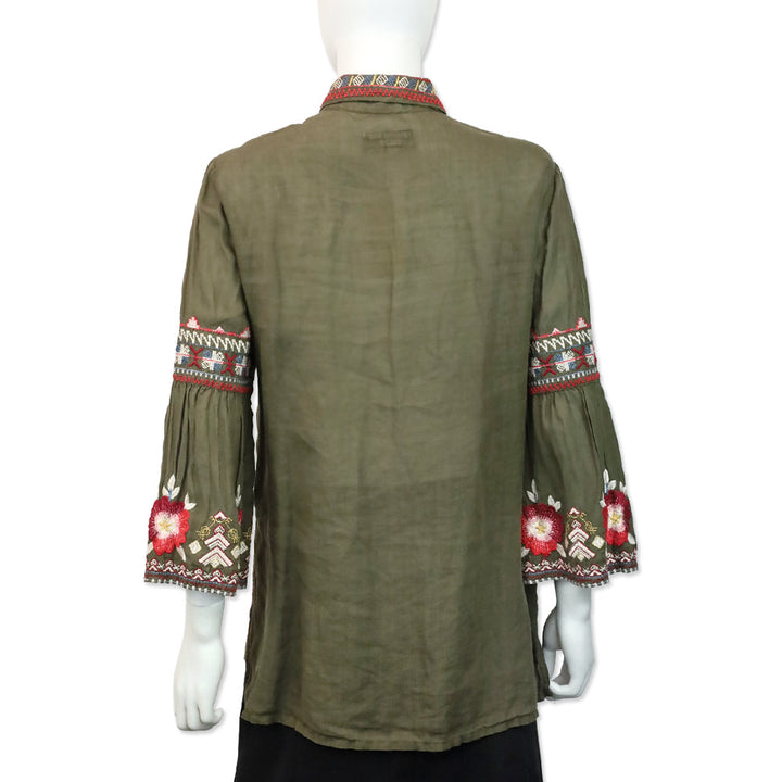 Johnny Was Olive Multicolor Embroidered Flare Sleeve Button Front Tunic