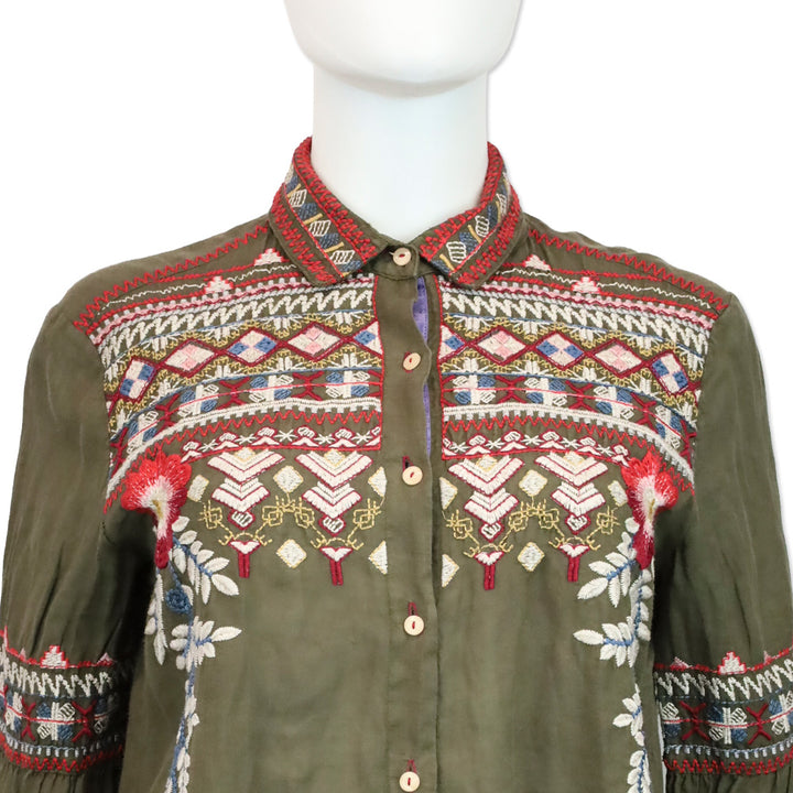 Johnny Was Olive Multicolor Embroidered Flare Sleeve Button Front Tunic