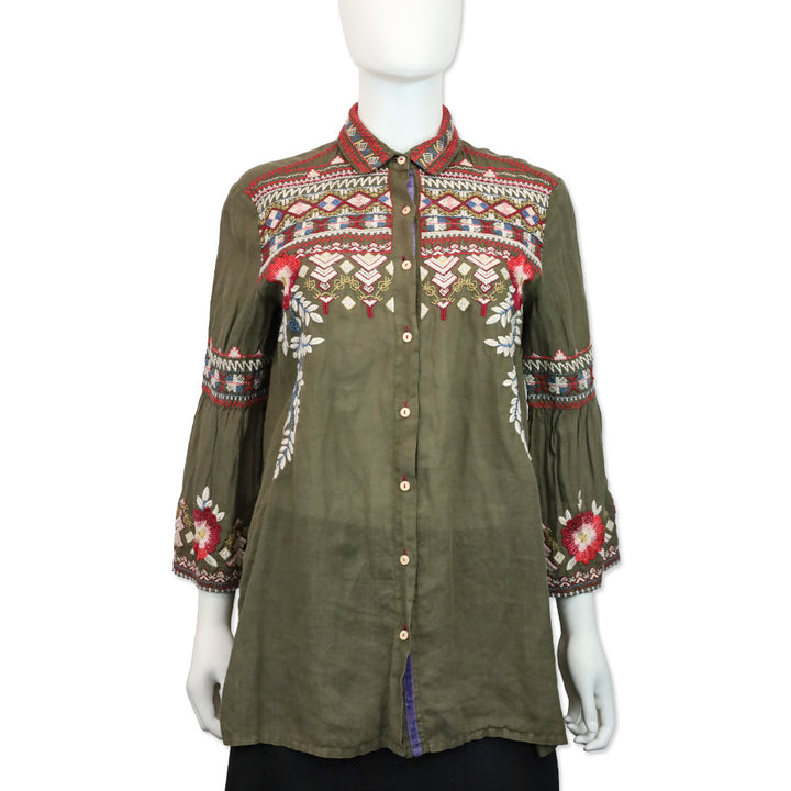 Johnny Was Olive Multicolor Embroidered Flare Sleeve Button Front Tunic