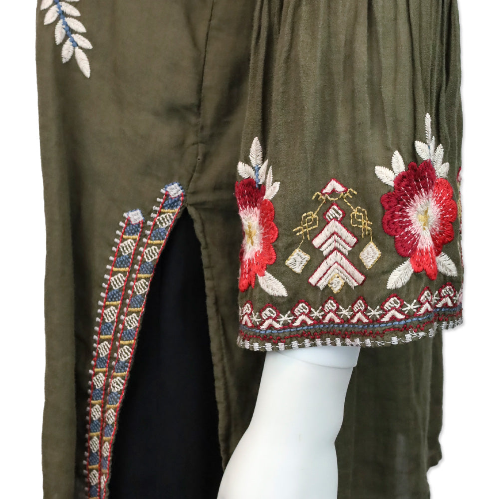 Johnny Was Olive Multicolor Embroidered Flare Sleeve Button Front Tunic