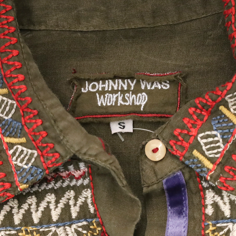 Johnny Was Olive Multicolor Embroidered Flare Sleeve Button Front Tunic