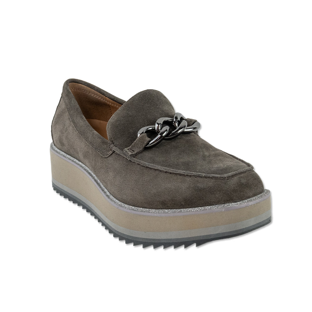 Johnston & Murphy Gracelyn Grey Suede Chain Platform Loafer