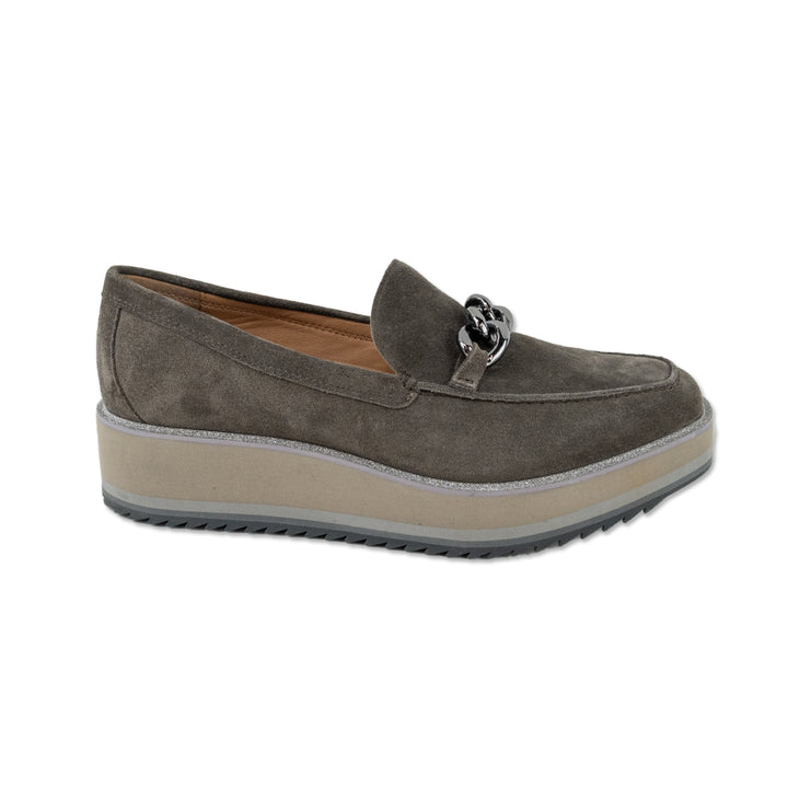 Johnston & Murphy Gracelyn Grey Suede Chain Platform Loafer