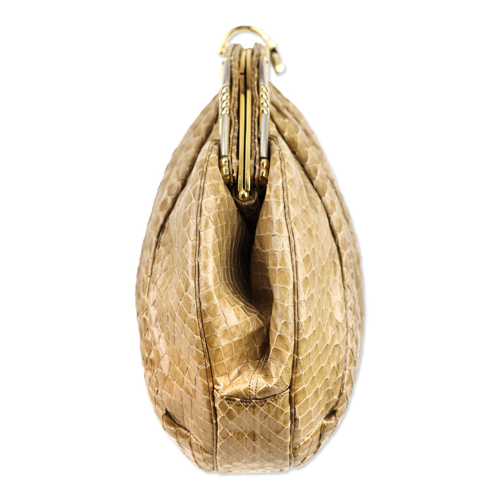 Judith Leiber Beige Snakeskin Medium Clutch with Strap