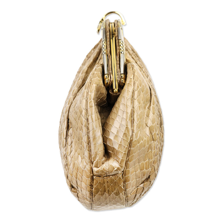 Judith Leiber Beige Snakeskin Medium Clutch with Strap