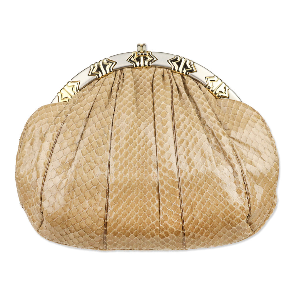 Judith Leiber Beige Snakeskin Medium Clutch with Strap