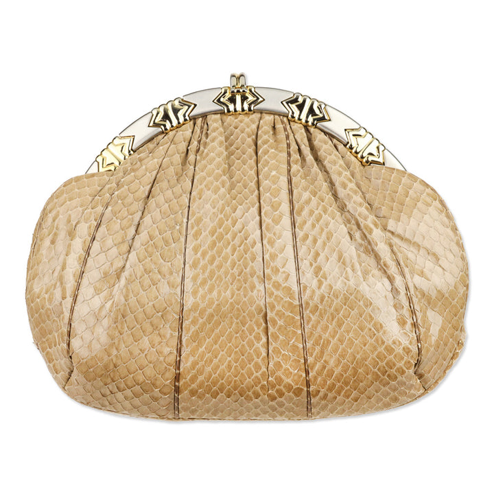 Judith Leiber Beige Snakeskin Medium Clutch with Strap
