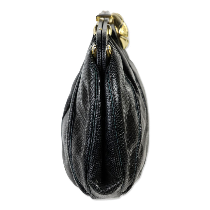 Judith Leiber Black Glossy Snakeskin Leather Large Evening Clutch