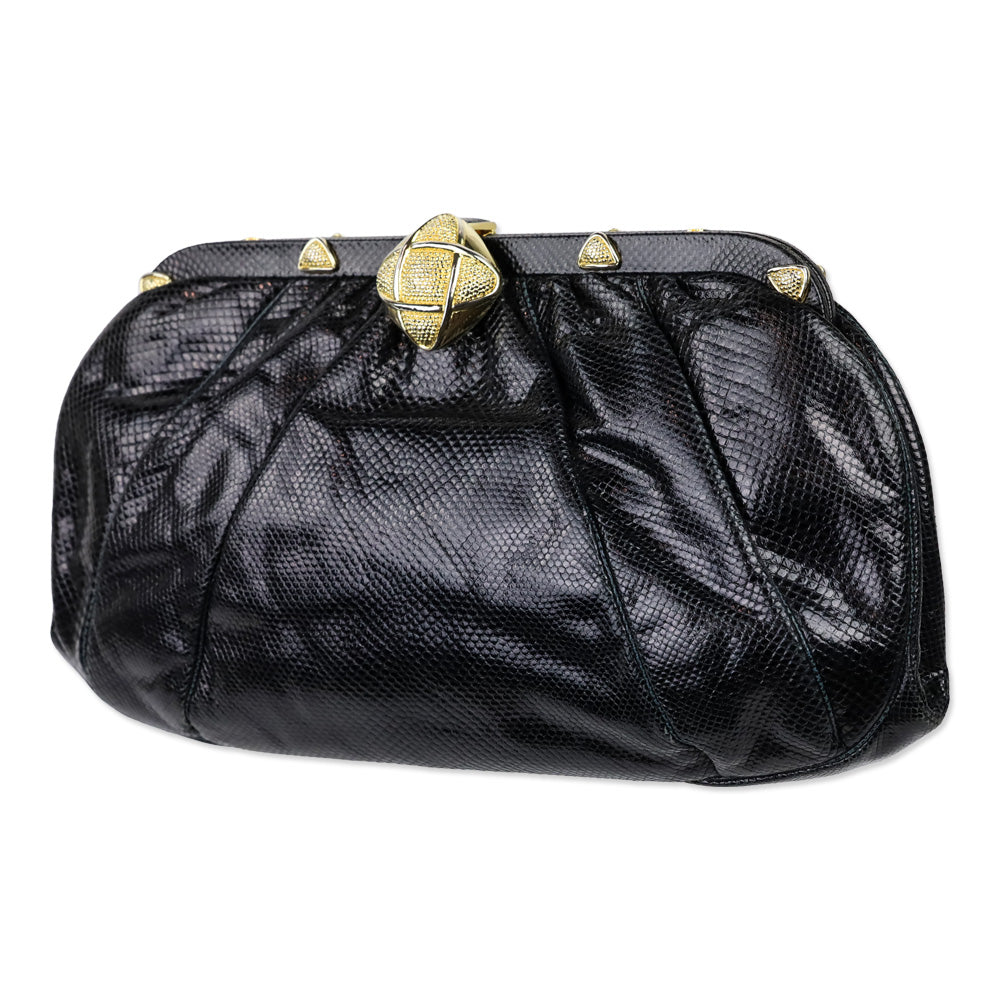 Judith Leiber Black Glossy Snakeskin Leather Large Evening Clutch