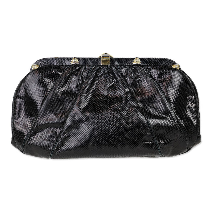 Judith Leiber Black Glossy Snakeskin Leather Large Evening Clutch