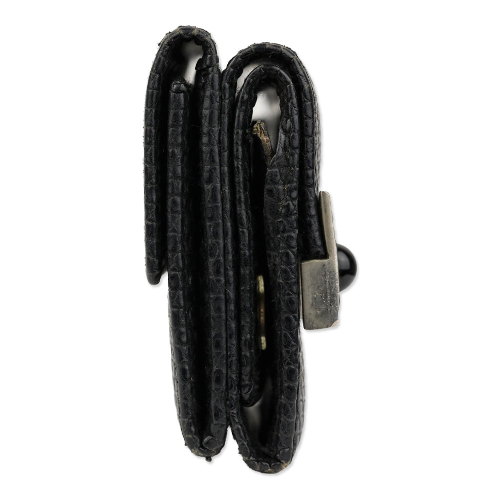 Judith Leiber Black Lizard Skin Mini Tri-fold Wallet with Black Cobochon Stones