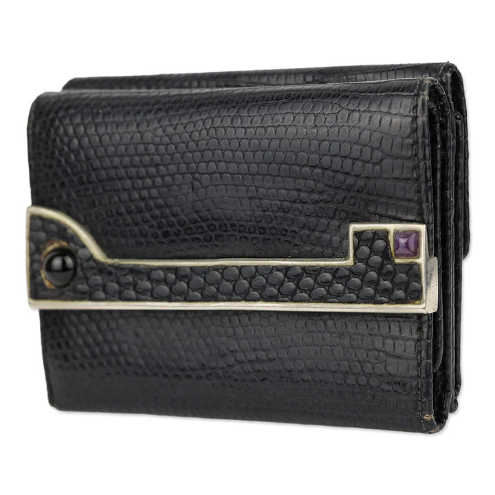 Judith Leiber Black Lizard Skin Mini Tri-fold Wallet with Black Cobochon Stones