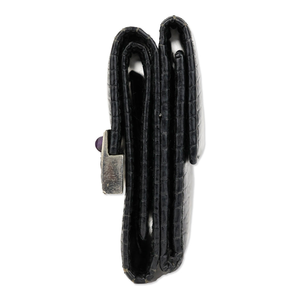 Judith Leiber Black Lizard Skin Mini Tri-fold Wallet with Black Cobochon Stones