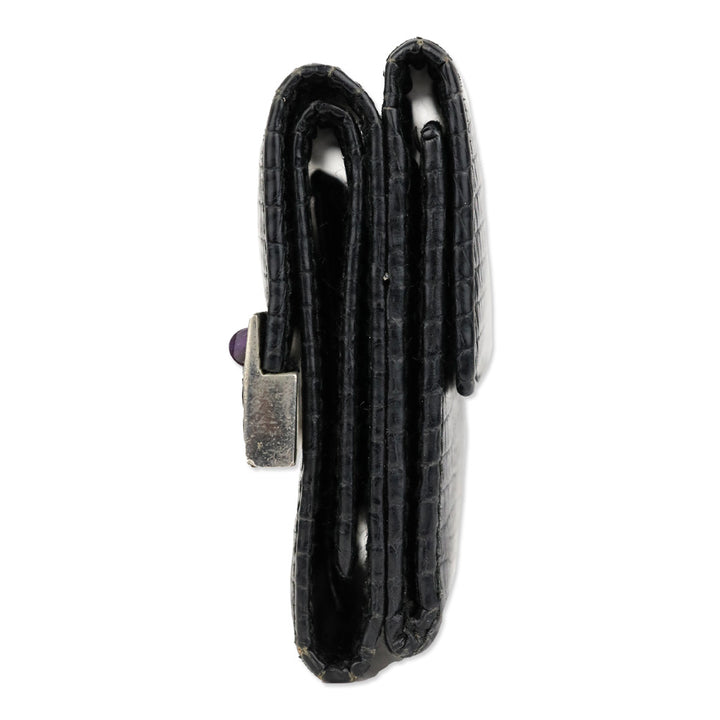 Judith Leiber Black Lizard Skin Mini Tri-fold Wallet with Black Cobochon Stones
