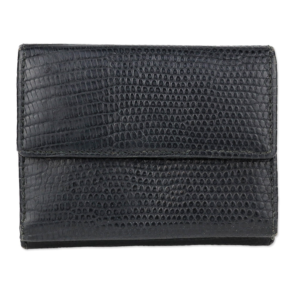 Judith Leiber Black Lizard Skin Mini Tri-fold Wallet with Black Cobochon Stones