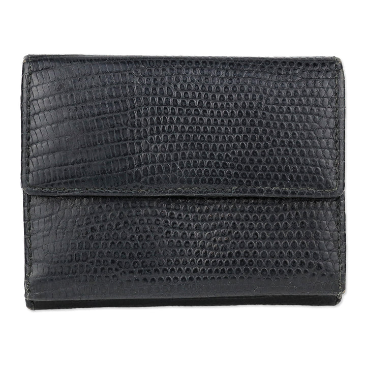 Judith Leiber Black Lizard Skin Mini Tri-fold Wallet with Black Cobochon Stones