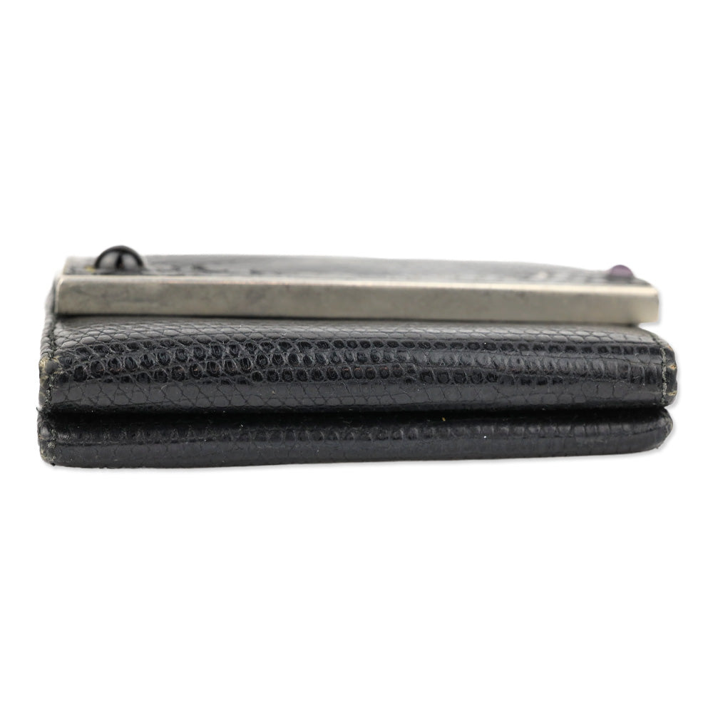 Judith Leiber Black Lizard Skin Mini Tri-fold Wallet with Black Cobochon Stones