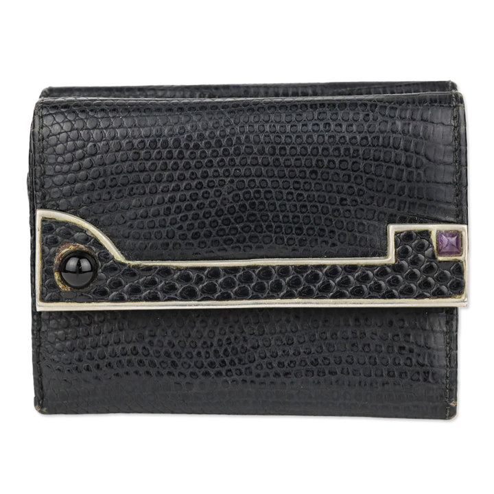 Judith Leiber Black Lizard Skin Mini Tri-fold Wallet with Black Cobochon Stones