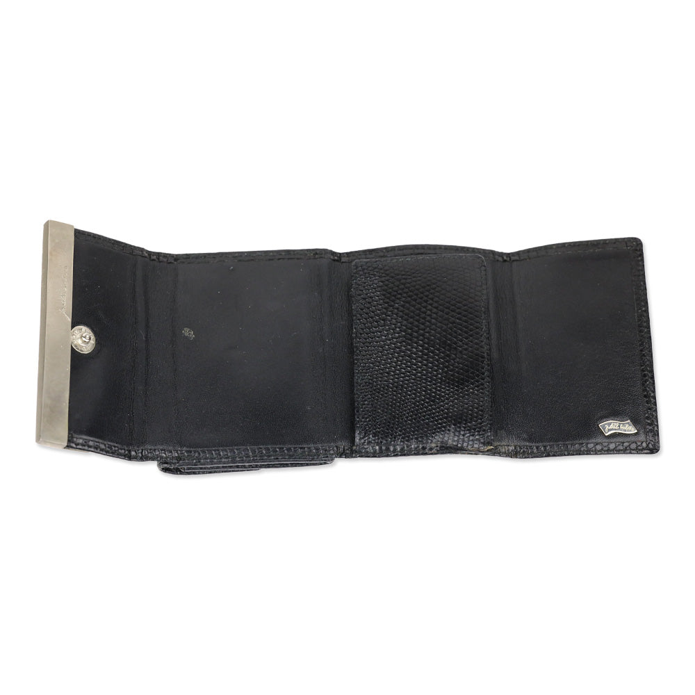 Judith Leiber Black Lizard Skin Mini Tri-fold Wallet with Black Cobochon Stones