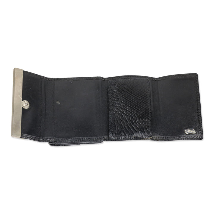 Judith Leiber Black Lizard Skin Mini Tri-fold Wallet with Black Cobochon Stones