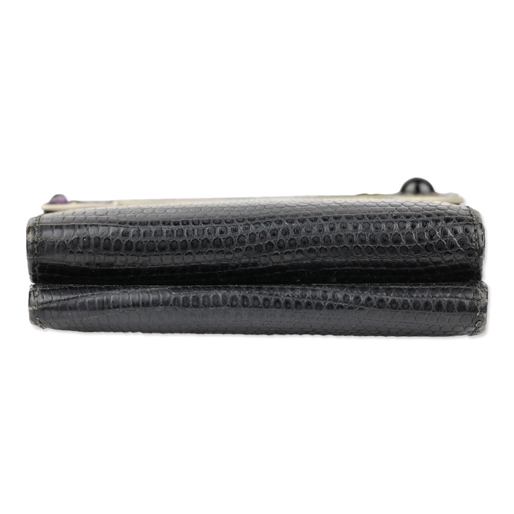Judith Leiber Black Lizard Skin Mini Tri-fold Wallet with Black Cobochon Stones