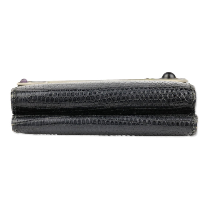 Judith Leiber Black Lizard Skin Mini Tri-fold Wallet with Black Cobochon Stones