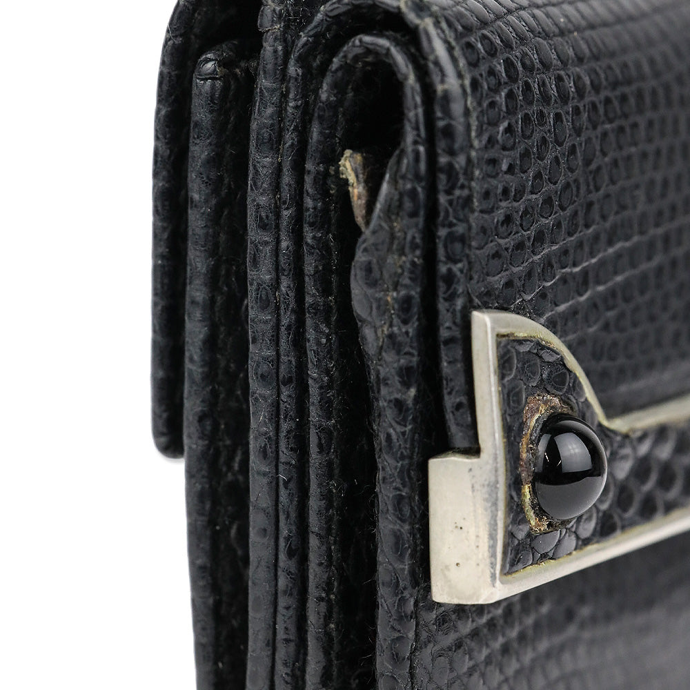 Judith Leiber Black Lizard Skin Mini Tri-fold Wallet with Black Cobochon Stones