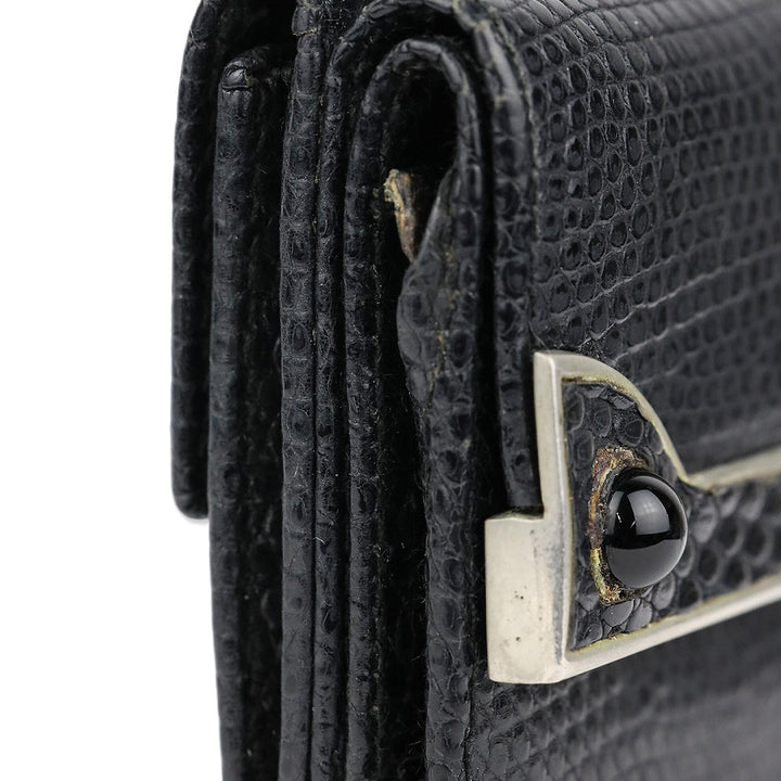 Judith Leiber Black Lizard Skin Mini Tri-fold Wallet with Black Cobochon Stones