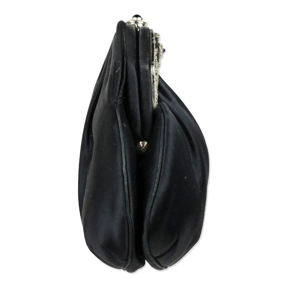 Judith Leiber Black Satin Amethyst & Crystal Filigree Evening Bag