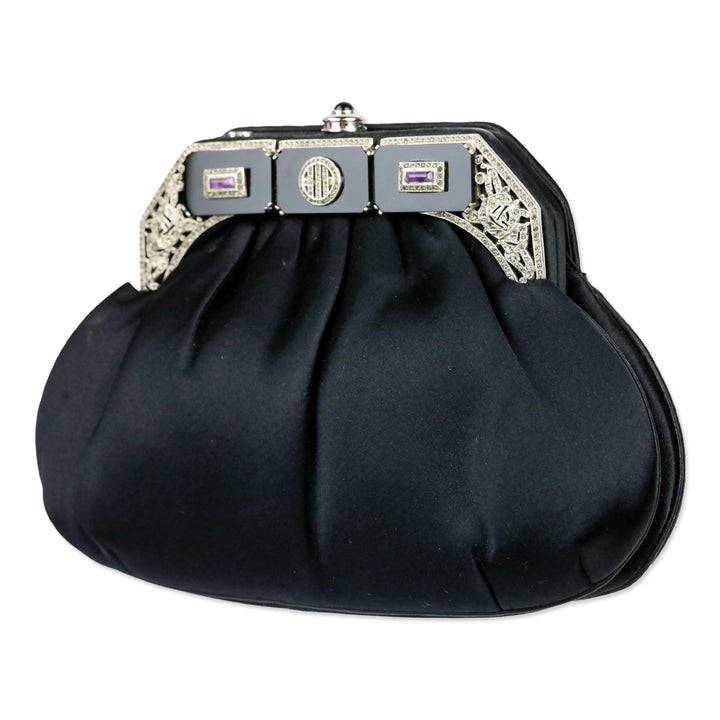 Judith Leiber Black Satin Amethyst & Crystal Filigree Evening Bag