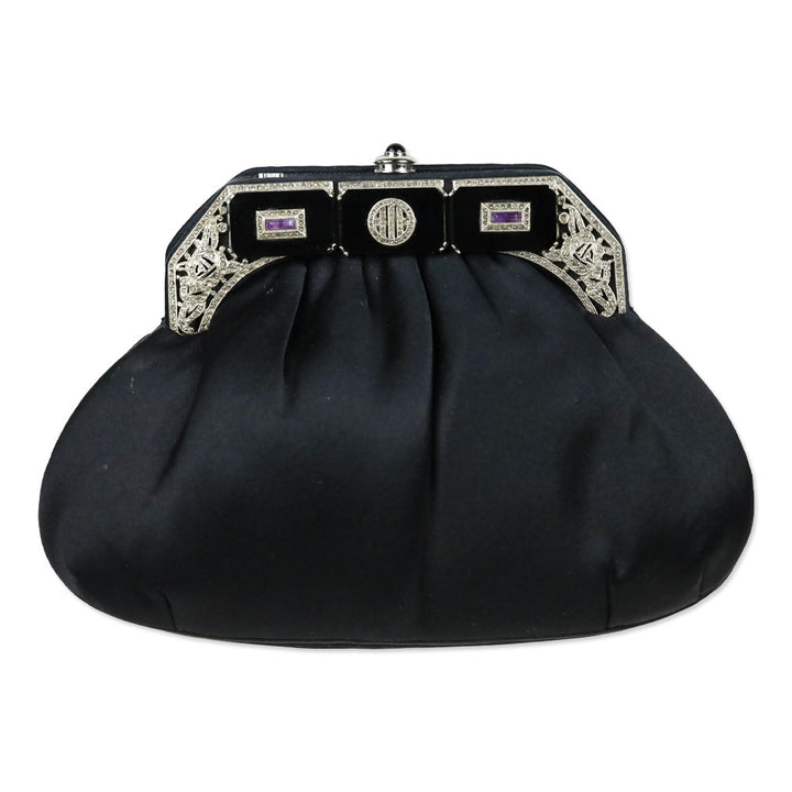 Judith Leiber Black Satin Amethyst & Crystal Filigree Evening Bag