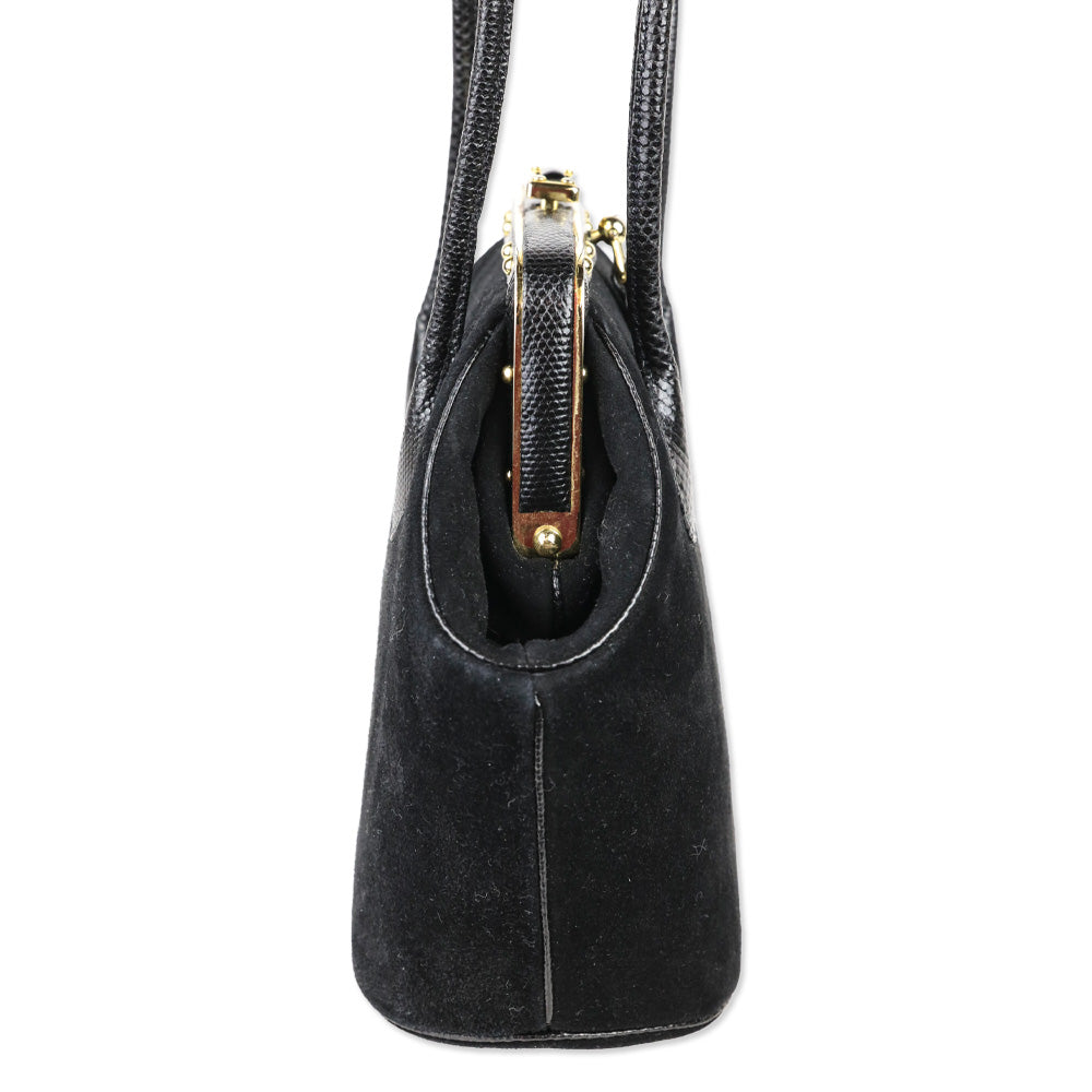 Judith Leiber Black Suede Push Lock Frame Shoulder Bag