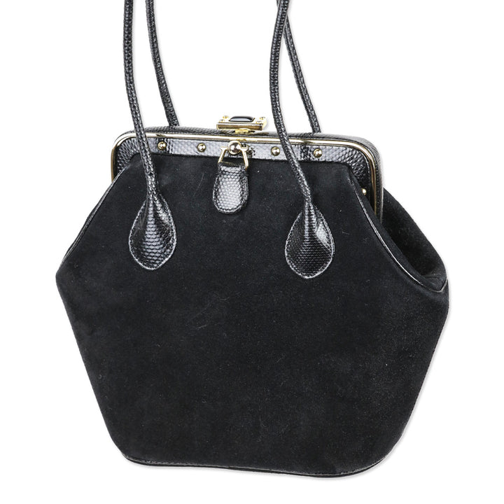 Judith Leiber Black Suede Push Lock Frame Shoulder Bag