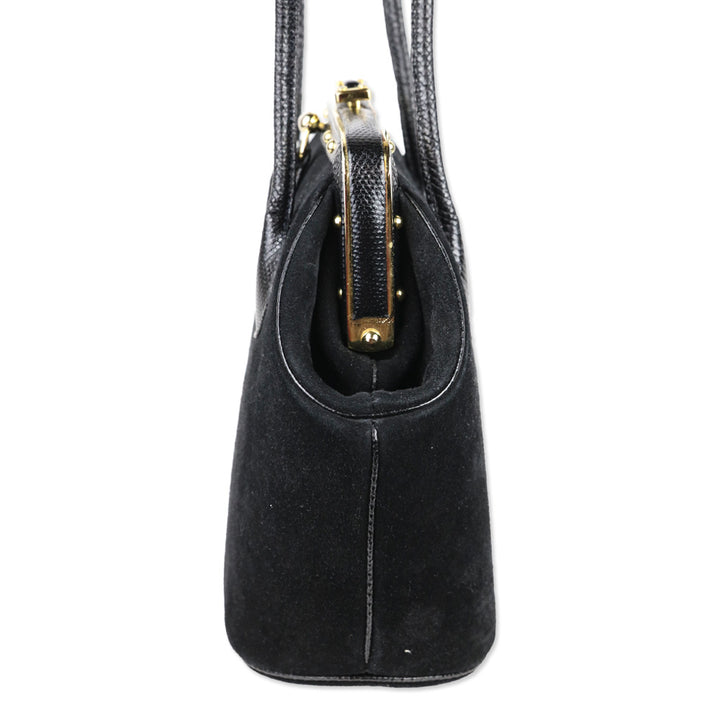 Judith Leiber Black Suede Push Lock Frame Shoulder Bag
