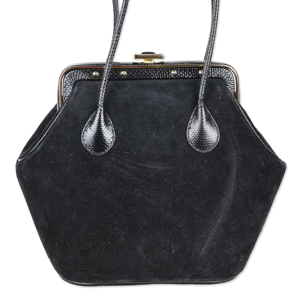 Judith Leiber Black Suede Push Lock Frame Shoulder Bag
