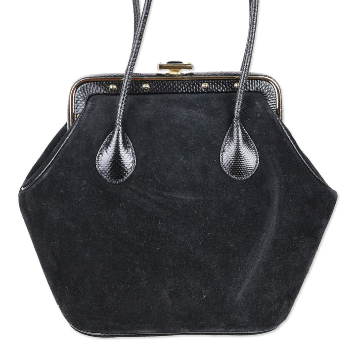 Judith Leiber Black Suede Push Lock Frame Shoulder Bag