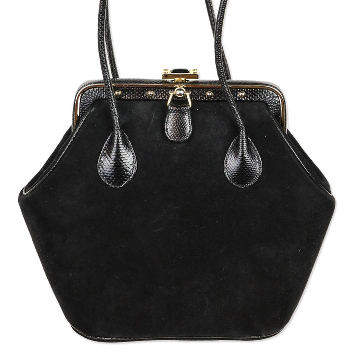 Judith Leiber Black Suede Push Lock Frame Shoulder Bag
