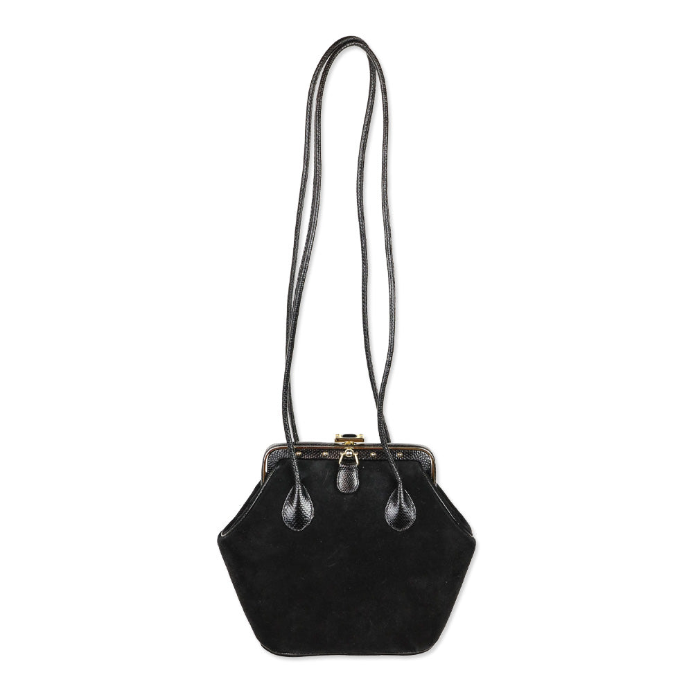 Judith Leiber Black Suede Push Lock Frame Shoulder Bag