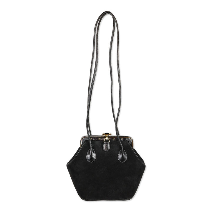 Judith Leiber Black Suede Push Lock Frame Shoulder Bag