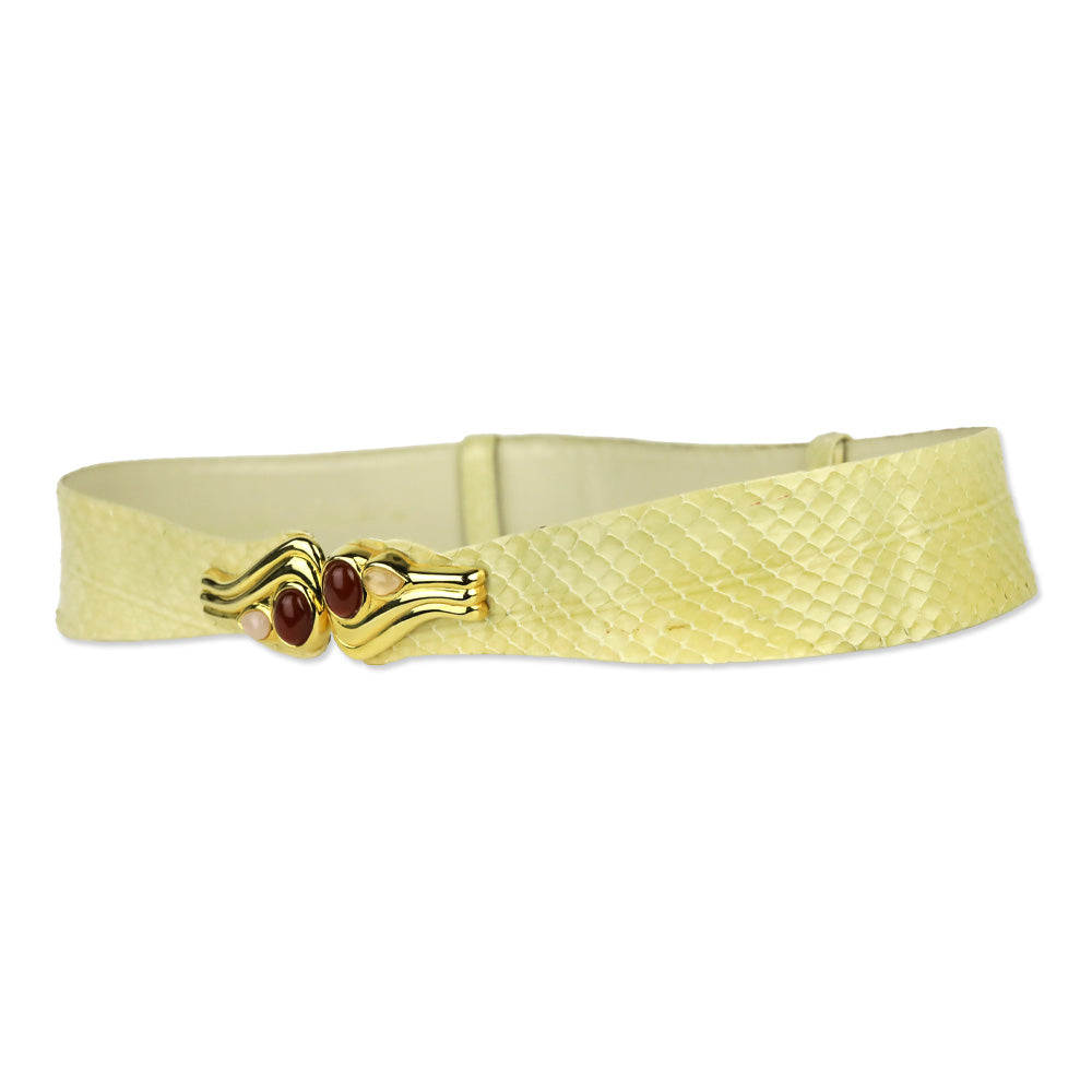 Judith Leiber Cream Lizard Belt with Gold Stone Accented Hook Buckle