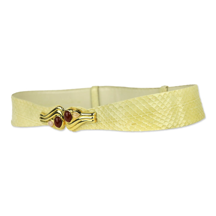 Judith Leiber Cream Lizard Belt with Gold Stone Accented Hook Buckle