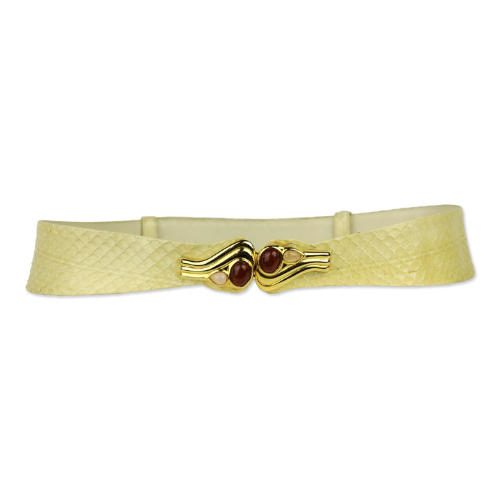 Judith Leiber Cream Lizard Belt with Gold Stone Accented Hook Buckle