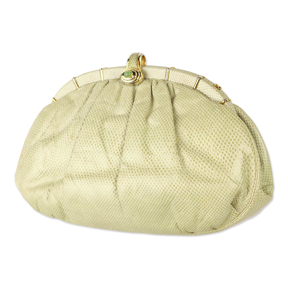 Judith Leiber Cream Snakeskin Leather Frame Clutch with Strap