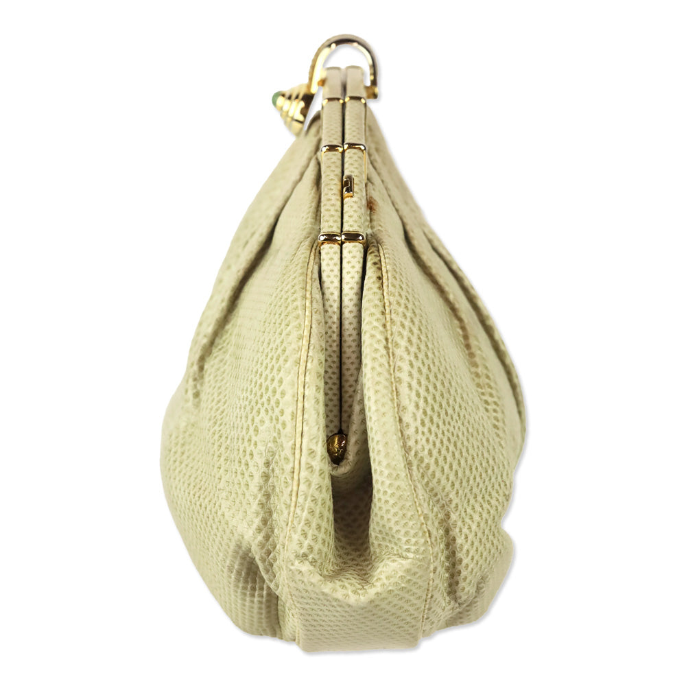 Judith Leiber Cream Snakeskin Leather Frame Clutch with Strap