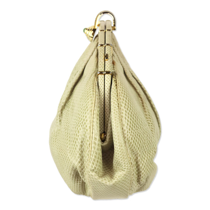 Judith Leiber Cream Snakeskin Leather Frame Clutch with Strap