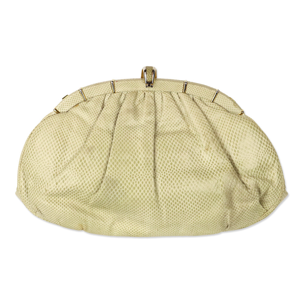 Judith Leiber Cream Snakeskin Leather Frame Clutch with Strap