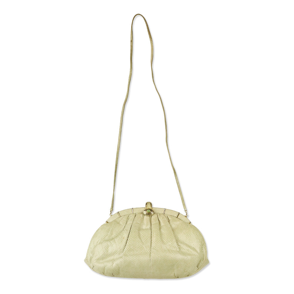 Judith Leiber Cream Snakeskin Leather Frame Clutch with Strap