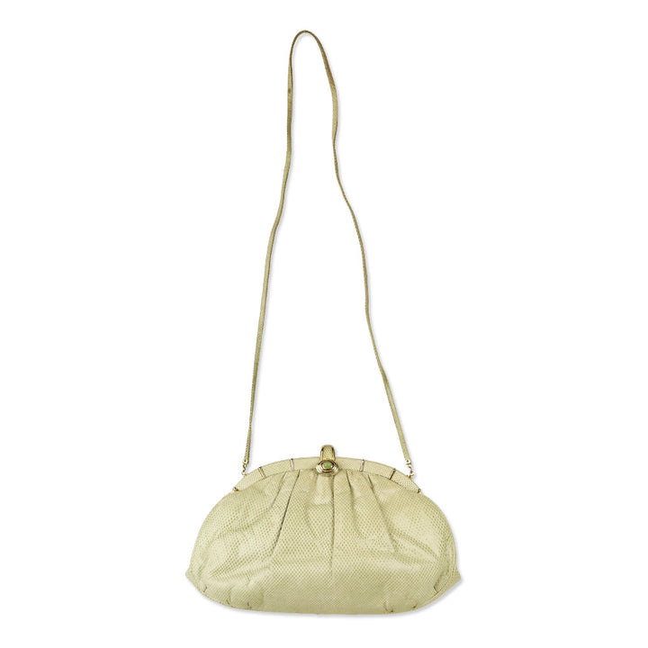 Judith Leiber Cream Snakeskin Leather Frame Clutch with Strap