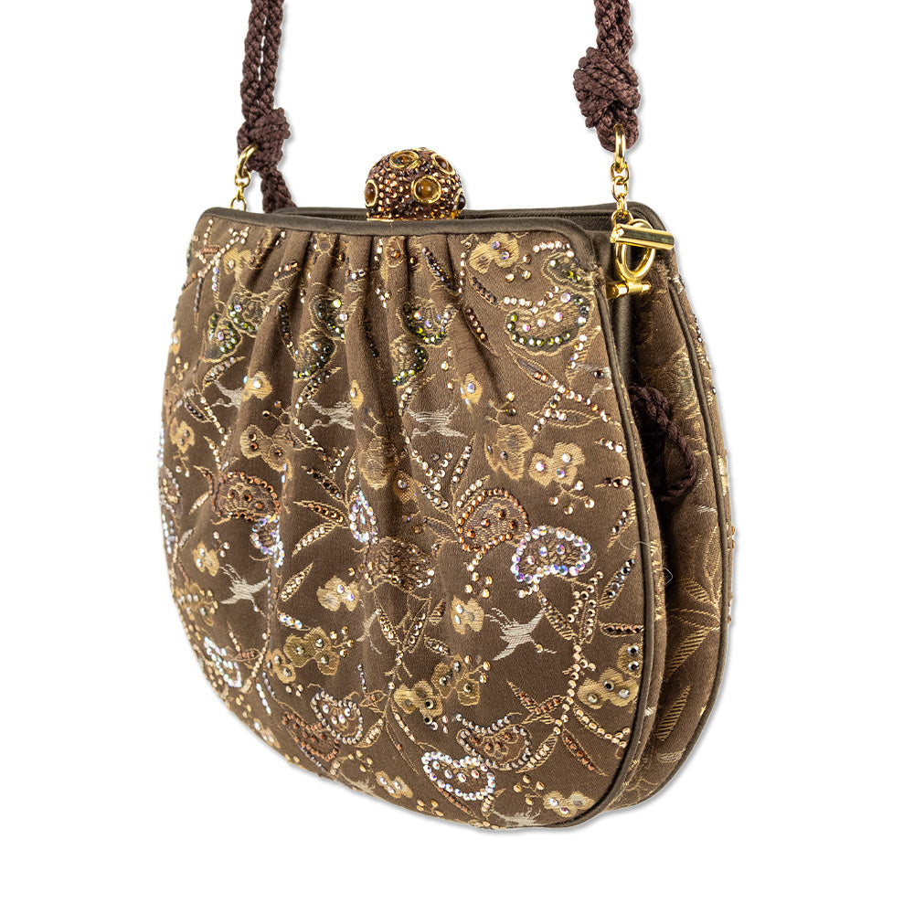 Judith Leiber Tan Satin Floral Crystal Frame Bag