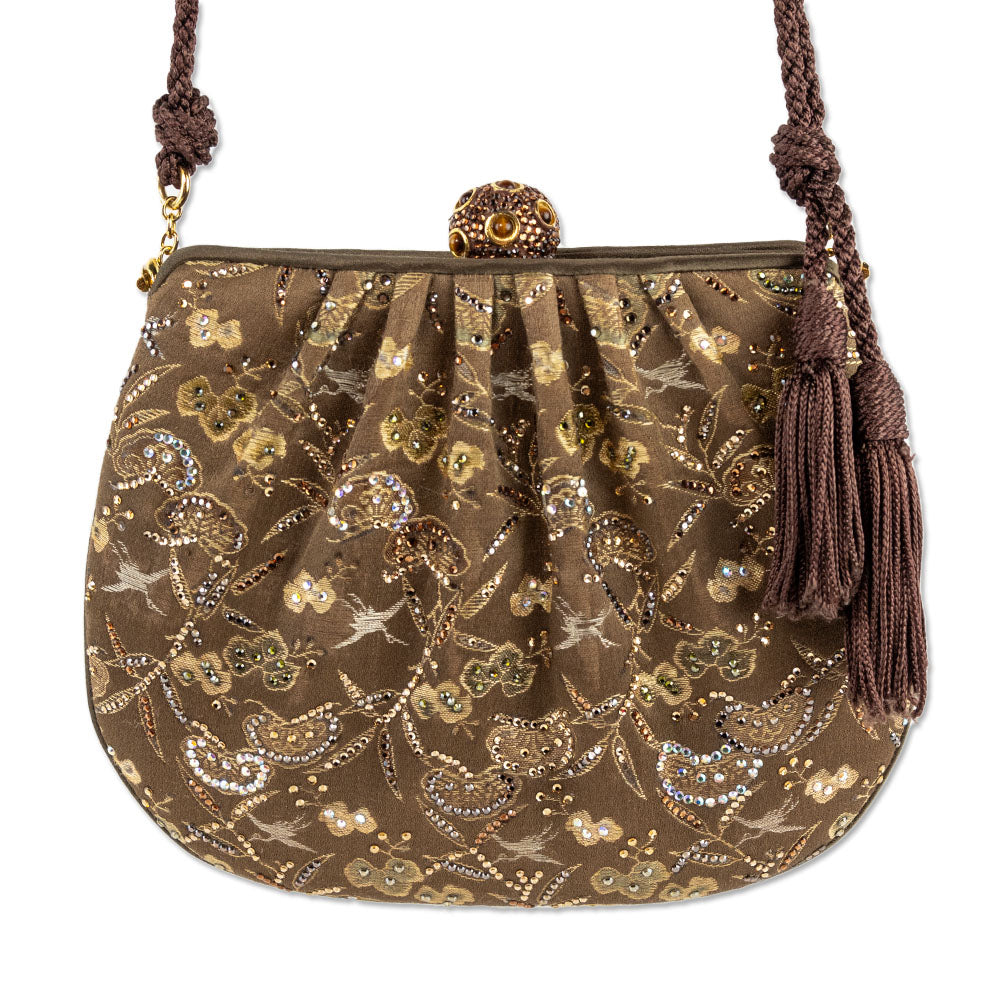 Judith Leiber Tan Satin Floral Crystal Frame Bag